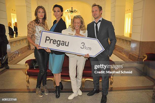 Patricia Aulitzky, Ursula Strauss, Kathrin Zechner and Maximilian Brueckner pose during the 'Pregau - Kein Weg Zurueck' Vienna presentation at Albert...