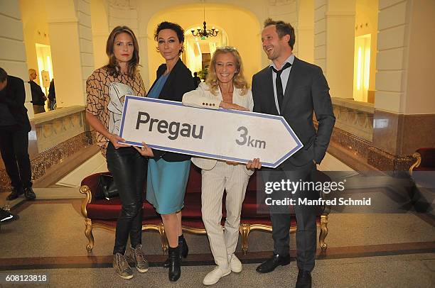 Patricia Aulitzky, Ursula Strauss, Kathrin Zechner and Maximilian Brueckner pose during the 'Pregau - Kein Weg Zurueck' Vienna presentation at Albert...