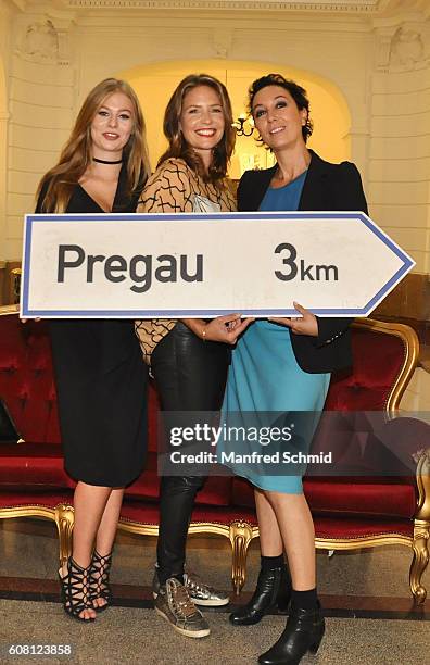 Zoe Straub, Patricia Aulitzky and Ursula Strauss pose during the 'Pregau - Kein Weg Zurueck' Vienna presentation at Albert Hall on September 19, 2016...