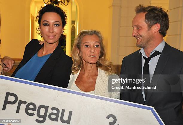 Ursula Strauss, Kathrin Zechner and Maximilian Brueckner pose during the 'Pregau - Kein Weg Zurueck' Vienna presentation at Albert Hall on September...