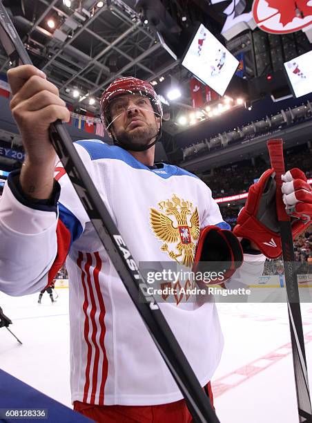 Andrei Markov of Team Russia warms up prior to a game against Team North America during the World Cup of Hockey 2016 at Air Canada Centre on...