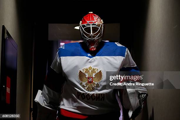 Semyon Varlamov of Team Russia leaves the ice after warms up prior to a game against Team North America during the World Cup of Hockey 2016 at Air...