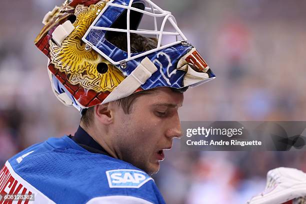 Sergei Bobrovsky of Team Russia warms up prior to the game against Team North America during the World Cup of Hockey 2016 at Air Canada Centre on...