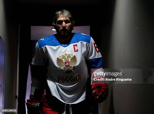 Alex Ovechkin of Team Russia leaves the ice after warms up prior to a game against Team North America during the World Cup of Hockey 2016 at Air...