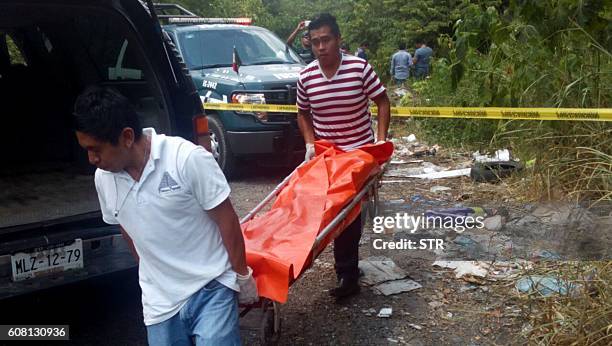 Forensic personnel and policemen recover the corpses of catholics priests Alejo Nabor Jimenez Juarez and Jose Alfredo Juarez de la Cruz who were...