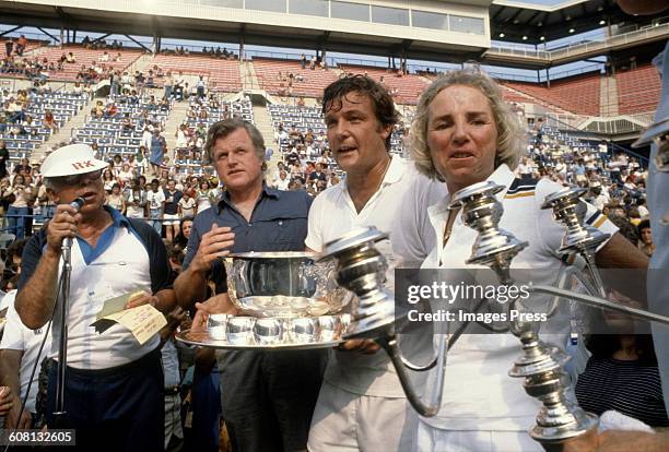 Art Buchwald, Ted Kennedy, Peter Duchin, Ethel Kennedy at the Robert F. Kennedy Memorial Tennis Tournament circa 1979 in Forest Hills, Queens.