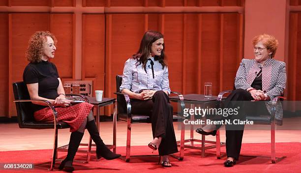 Moderator Patricia Cohen, actress Rachel Weisz and author Deborah E. Lipstadt speak on stage during TimesTalks with Rachel Weisz and Deborah E....