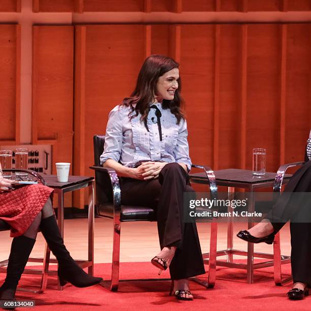 Actress Rachel Weisz speaks on stage during TimesTalks with Rachel Weisz and Deborah E. Lipstadt held at Merkin Concert Hall on September 19, 2016 in...