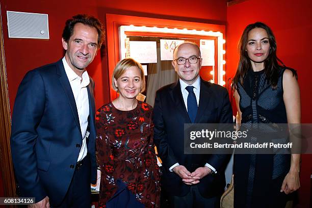 Interior Minister of France Bernard Cazeneuve and his wife Veronique standing between actors of the play, Stephane De Groodt and Berenice Bejo attend...