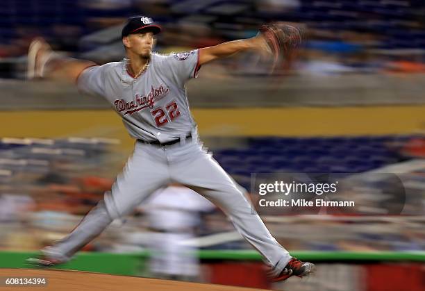 Cole of the Washington Nationals pitches during a game against the Miami Marlins at Marlins Park on September 19, 2016 in Miami, Florida.