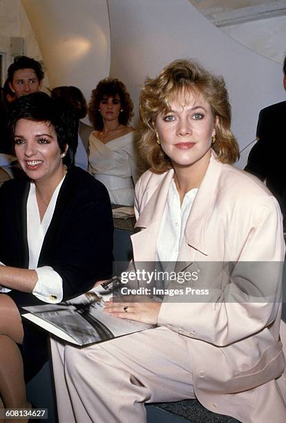 Liza Minneli and Kathleen Turner at Donna Karan fashion show circa 1987 in New York City.