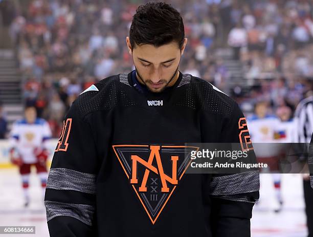 Vincent Trocheck of Team North America lines up prior to the game against Team Russia during the World Cup of Hockey 2016 at Air Canada Centre on...