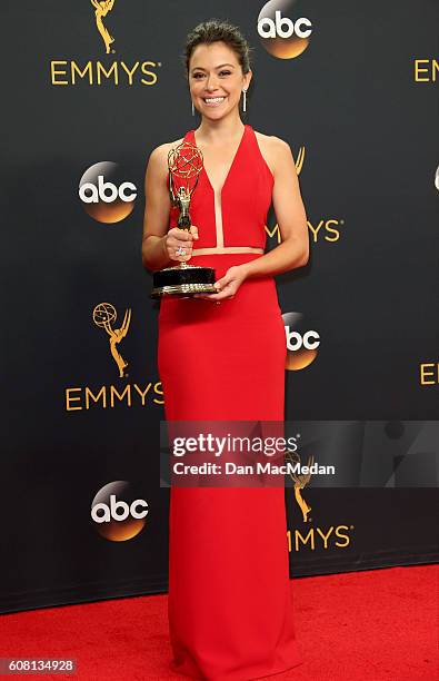 Actress Tatiana Maslany, winner of the award for Outstanding Lead Actress in a Drama Series for 'Orphan Black,' poses in the press room at the 68th...