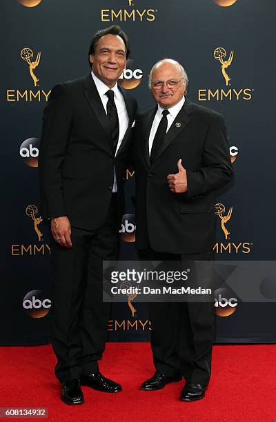 Actors Jimmy Smits and Dennis Franz pose in the press room at the 68th Annual Primetime Emmy Awards at Microsoft Theater on September 18, 2016 in Los...