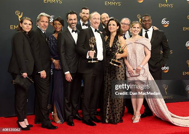 The cast & crew of 'Veep,' winners of Outstanding Comedy Series, pose in the press room at the 68th Annual Primetime Emmy Awards at Microsoft Theater...