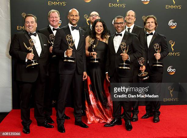 Cast & Crew of 'Key & Peele', winners of Outstanding Variety Sketch Series, pose in the press room at the 68th Annual Primetime Emmy Awards at...