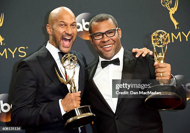 Actors Keegan-Michael Key and Jordan Peele, winners of Best Variety Sketch Series for 'Key & Peele', pose in the press room at the 68th Annual...