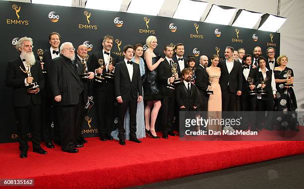 The cast & crew of 'Game of Thrones', winners of Outstanding Drama Series, pose in the press room at the 68th Annual Primetime Emmy Awards at...