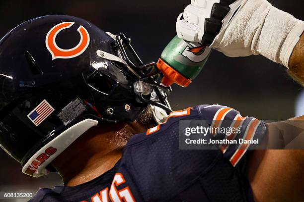 Kyle Long of the Chicago Bears warms up prior to the game against the Philadelphia Eagles at Soldier Field on September 19, 2016 in Chicago, Illinois.