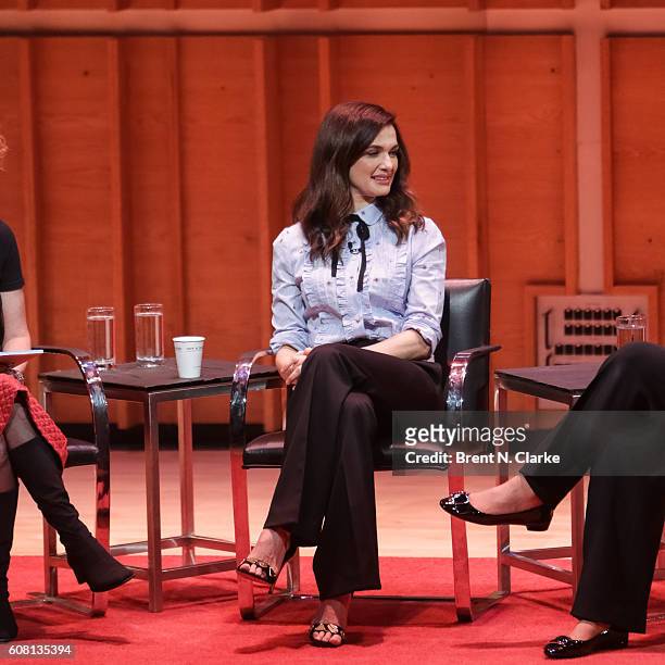 Actress Rachel Weisz speaks on stage during TimesTalks with Rachel Weisz and Deborah E. Lipstadt held at Merkin Concert Hall on September 19, 2016 in...