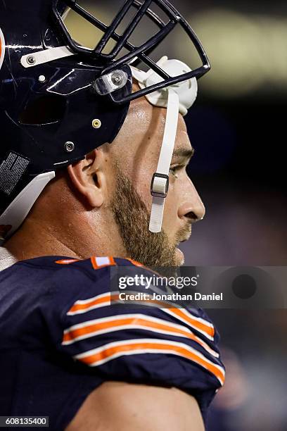 Kyle Long of the Chicago Bears warms up prior to the game against the Philadelphia Eagles at Soldier Field on September 19, 2016 in Chicago, Illinois.