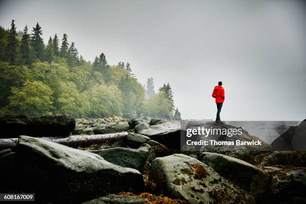 man standing on boulders on shoreline of ocean - littoral rocheux photos et images de collection