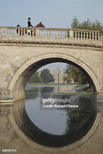 Andrew Nicholson of New Zealand rides Spinning Rhombus during the three day event Burghley Horse Trials on 12 September 1991 at Burghley House near...