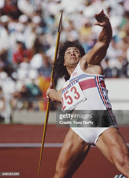 Fatima Whitbread of Great Britain during the Women's Javelin event at the XXIV Summer Olympic Games on 26 September 1988 at the Seoul Olympic Stadium...