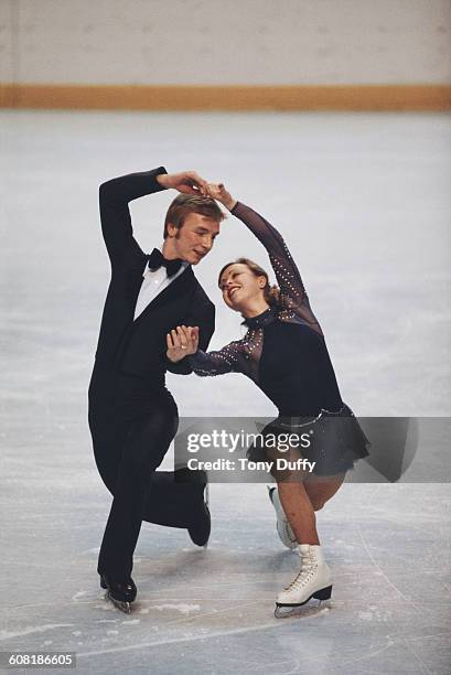 Ice dancers Jayne Torvill and Christopher Dean of Great Britain perform during the Ice Dance Skating category at the European Figure Skating...