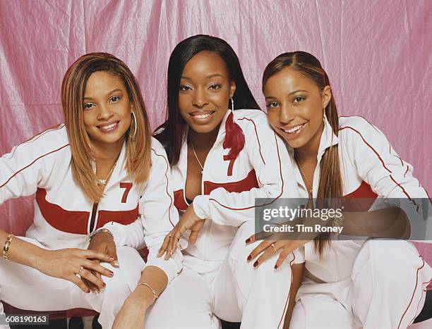 British R&B girl band Mis-Teeq, July 2002. From left to right, they are Alesha Dixon, Sabrina Washington and Su-Elise Nash.