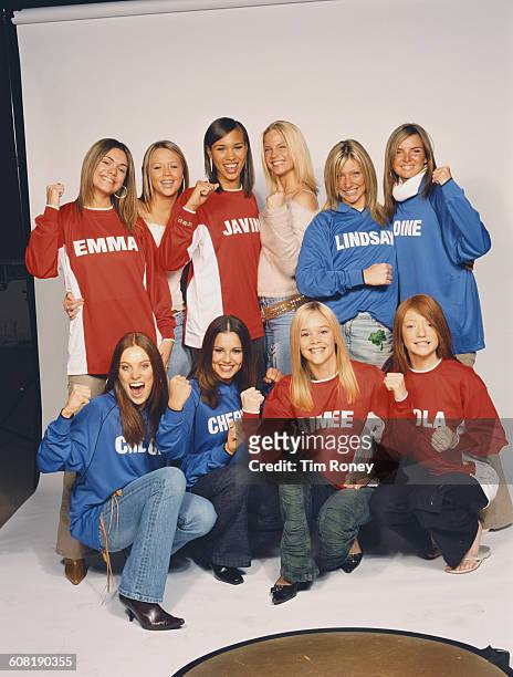The ten finalists from the British television talent show 'Popstars: The Rivals', UK, October 2002. From left to right, they are Emma Beard,...