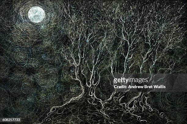 hillside trees bathed in moon and starlight - bare tree stock illustrations