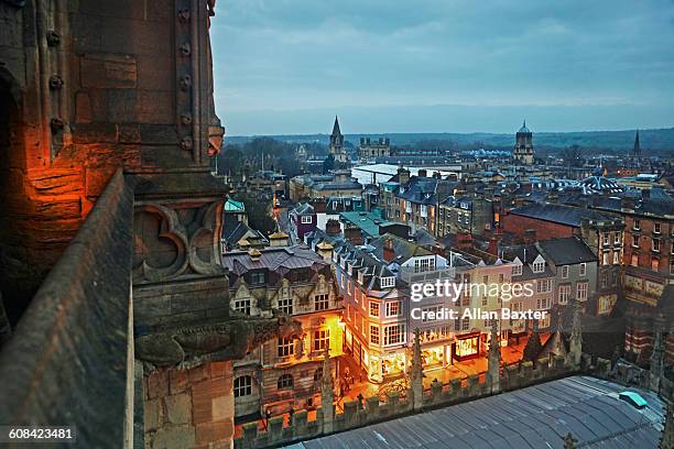 aerial view of oxford illuminated at dusk - oxford stock-fotos und bilder