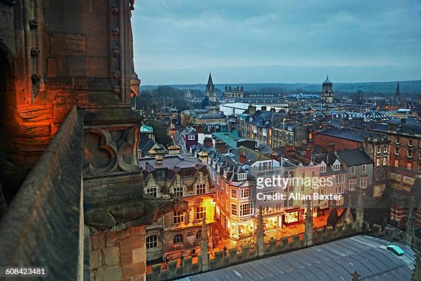 aerial view of oxford illuminated at dusk - oxford england stock pictures, royalty-free photos & images