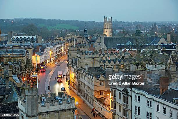 aerial view of oxford lit at dusk - oxford england stock pictures, royalty-free photos & images