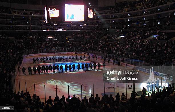 General view of Staples Center as Los Angeles Kings scouts Garnet "Ace" Bailey and Mark Bavis are honored prior to the start of the pre-season game...
