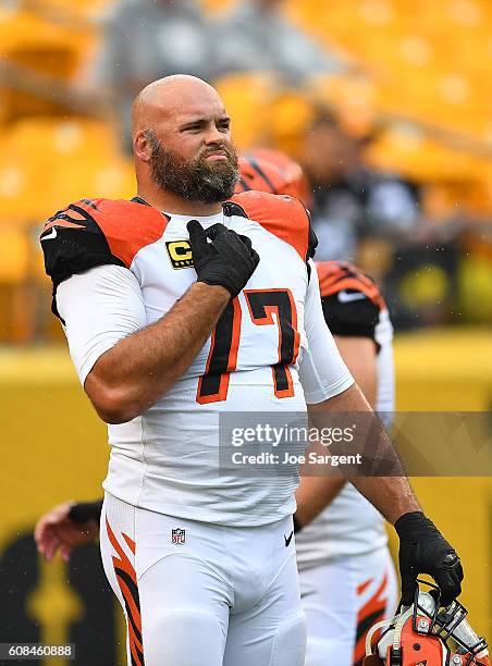 Andrew Whitworth of the Cincinnati Bengals warms up prior to the game against the Pittsburgh Steelers at Heinz Field on September 18, 2016 in...