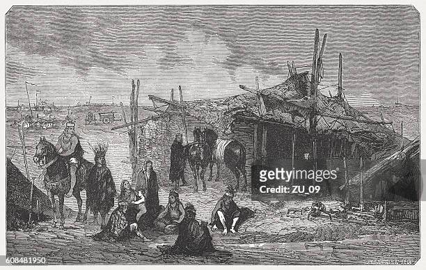 sioux camp, native in north america, wood engraving, published in 1877 - wyoming v iowa stock illustrations