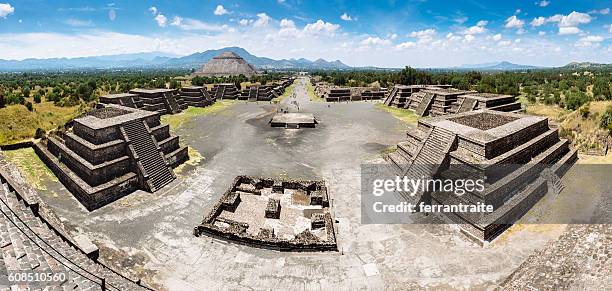 panoramic view of teotihuacan pyramids mexico - pyramid of the moon stock pictures, royalty-free photos & images