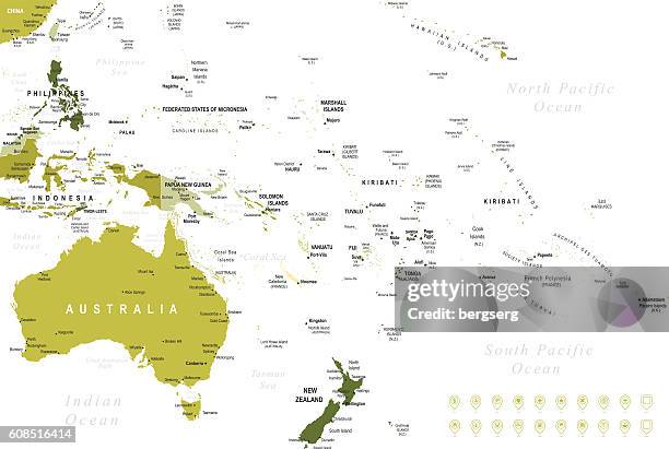 australia and oceania green map - australia capital cities map stock illustrations