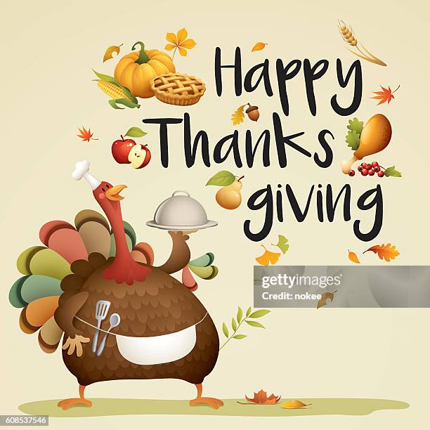 ilustraciones, imágenes clip art, dibujos animados e iconos de stock de chef de pavo - feliz acción de gracias - funny thanksgiving turkey