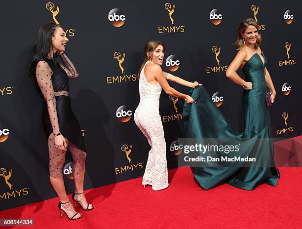 Personalities Stacy London, Kit Hoover and Natalie Morales attend the 68th Annual Primetime Emmy Awards at Microsoft Theater on September 18, 2016 in...