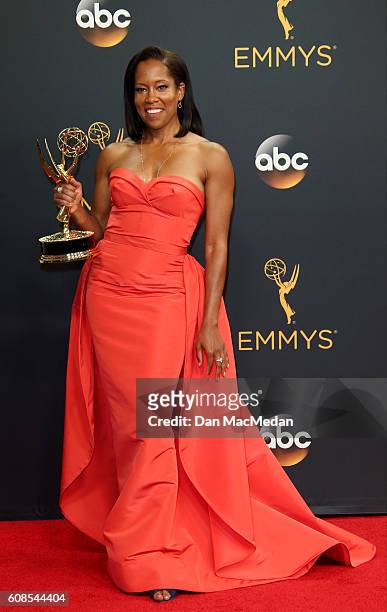 Actress Regina King, winner of the Outsanding Supporting Actress in a Limited Series or Movie for 'American Crime,' poses in the press room at the...