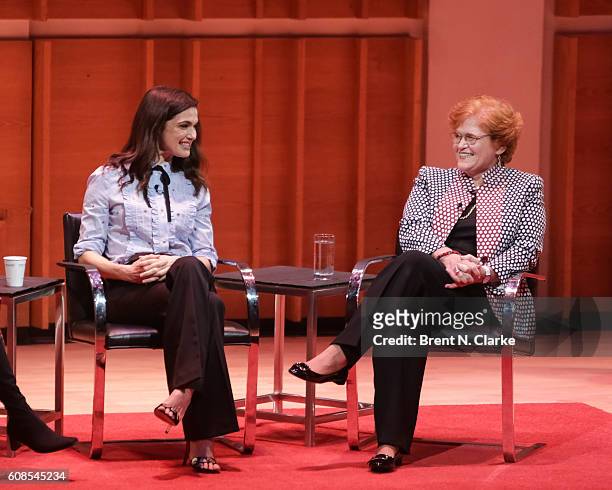 Actress Rachel Weisz and author Deborah E. Lipstadt speak on stage during TimesTalks with Rachel Weisz and Deborah E. Lipstadt held at Merkin Concert...