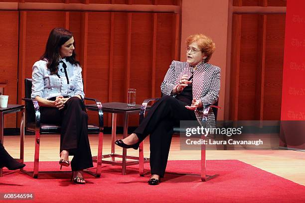 Rachel Weisz and Deborah E. Lipstadt attend TimesTalks at Merkin Concert Hall on September 19, 2016 in New York City.