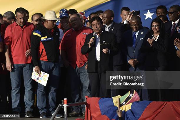 David Choquehuanca, foreign relations minister of Bolivia, speaks for the unveiling of the late President Hugo Chavez statue during the Non-Aligned...