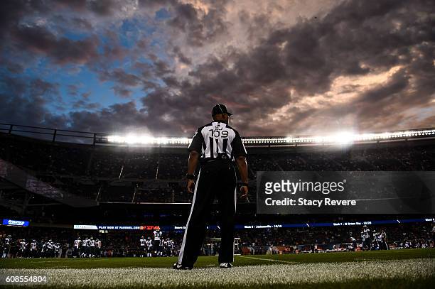 Referee watches the field during the game between the Chicago Bears and the Philadelphia Eagles at Soldier Field on September 19, 2016 in Chicago,...