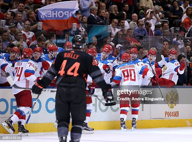Vladislav Namestnikov of Team Russia high fives the bench after scoring a second period goal on Team North America during the World Cup of Hockey...