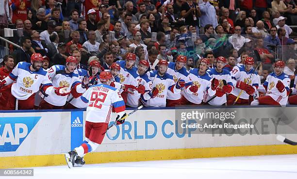 Evgeny Kuznetsov of Team Russia high fives the bench after scoring a second period goal on Team North America during the World Cup of Hockey 2016 at...