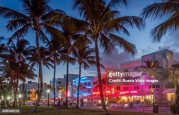 miami beach. ocean drive at night - art deco district stock pictures, royalty-free photos & images